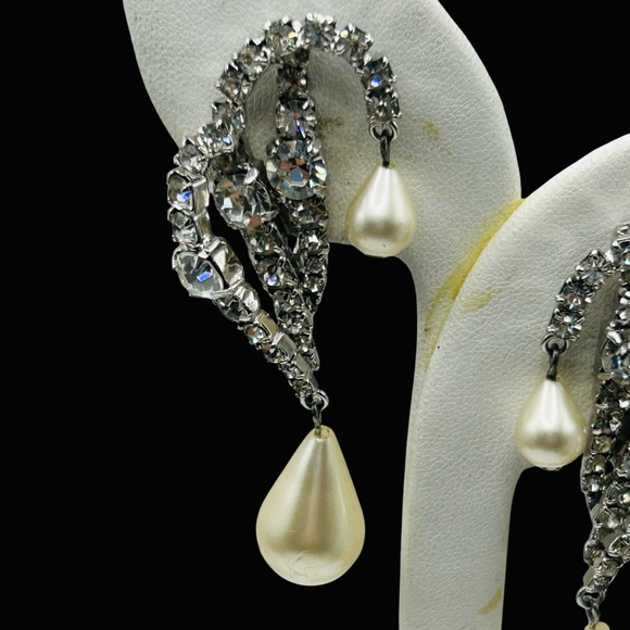 Vintage Marvella Ear Climber Rhinestone Pearl Drop Earrings - Picture 2 of 7